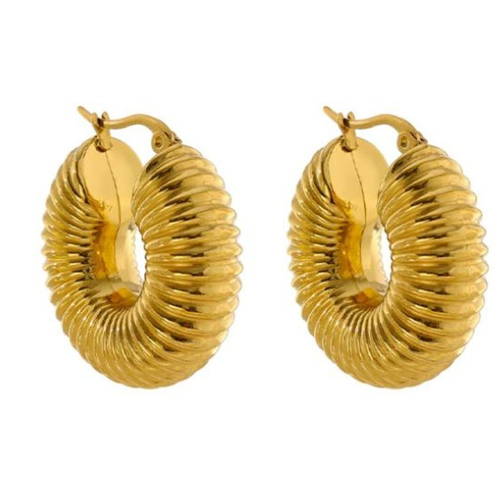 New 18K Gold Round Textured Hoop Earrings